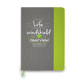 This Heather Gray Hardbound Journal With A Color Block Accent Features The Inspirational Message “Look At Life Through The Windshield Not The Rearview Mirror”