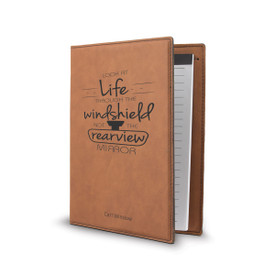 This Vegan Leather Padfolio With Notepad Features The Inspirational Message “Look At Life Through The Windshield Not The Rearview Mirror”