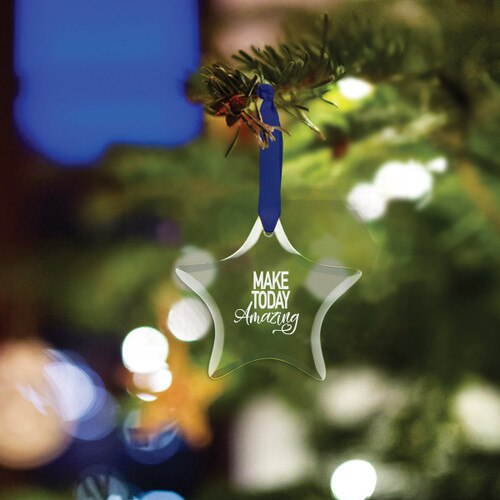 star shaped crystal ornament with make today amazing message and blue ribbon