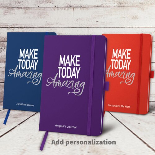 blue, purple, and blue hardbound journals with Make Today Amazing message and personalization