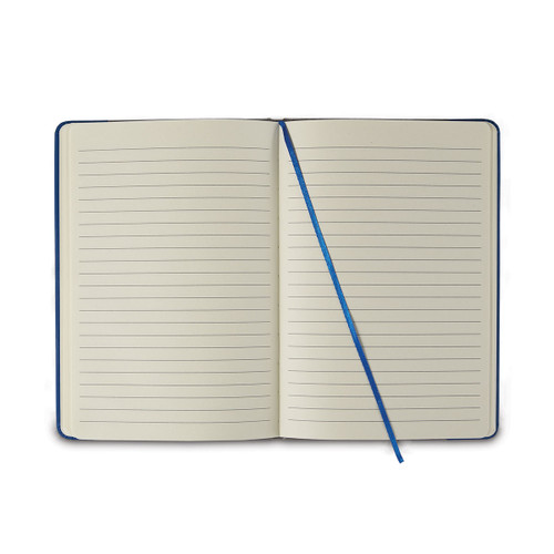 opened journal with blue satin ribbon bookmark
