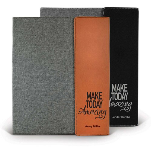 heather gray padfolios with black and rawhide accents featuring Making Today Amazing message