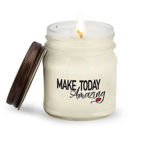 This Mason Jar Natural Soy Handmade Candle with Rustic Lid Features The Inspirational Message “Make Today Amazing”