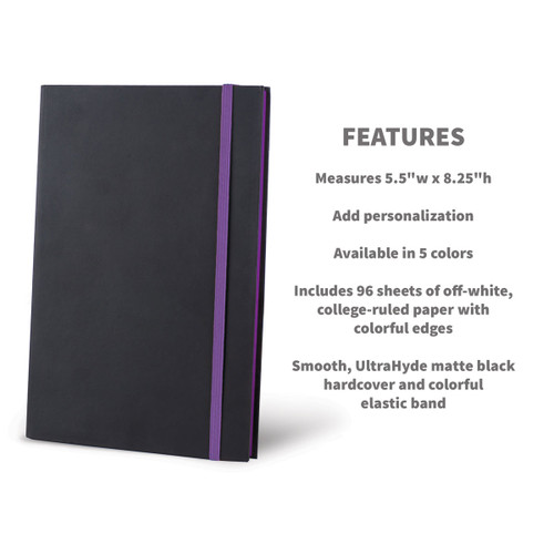 black matte journal with purple elastic band and product detail features
