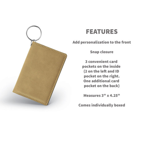 light brown leather id card holder with product detail features
