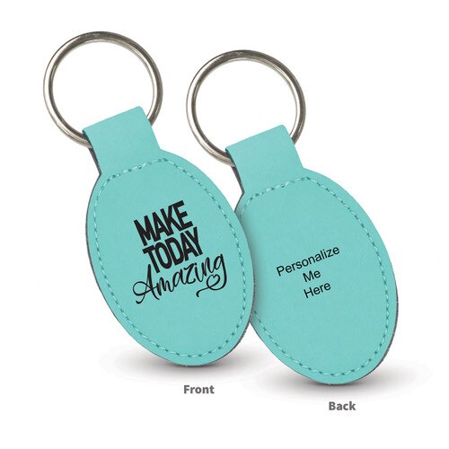 teal oval leather keychains with make today amazing message and personalize me on the back