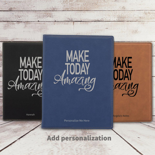 black, blue, and rawhide leather padfolios featuring Make Today Amazing message