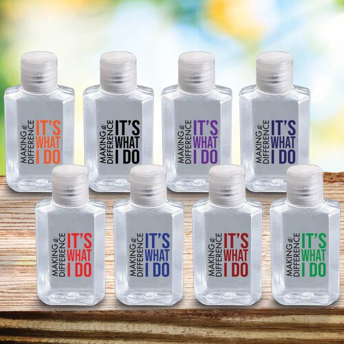 multiple colors of Making a Difference hand sanitizers