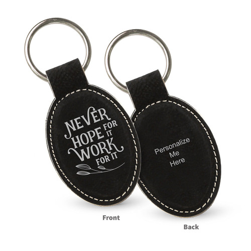 black oval leather keychains with never hope for it message and personalize me on the back