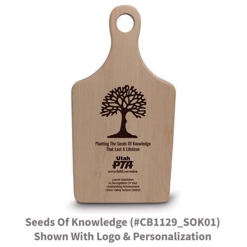maple paddle cutting board with seeds of knowledge message