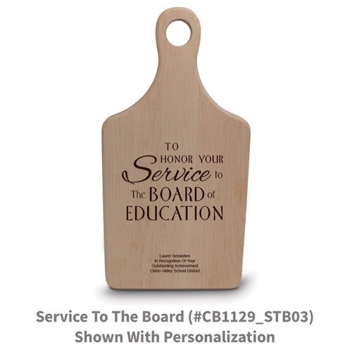 maple paddle cutting board with service to the board message