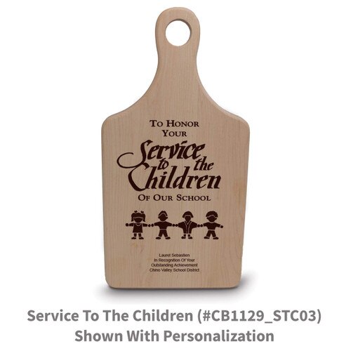 maple paddle cutting board with service to the children message