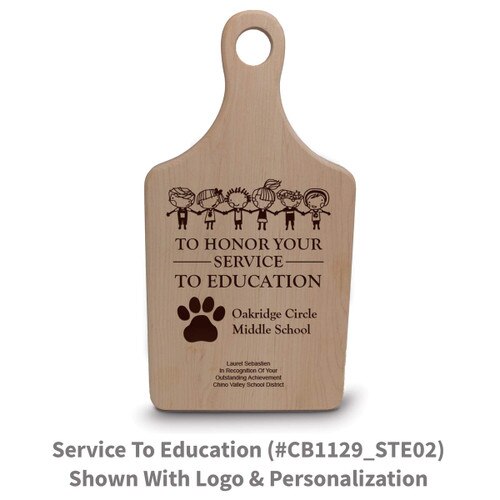 maple paddle cutting board with service to education message