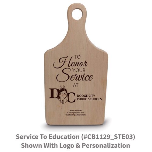 maple paddle cutting board with to honor your service message