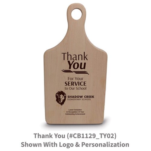 maple paddle cutting board with thank you message