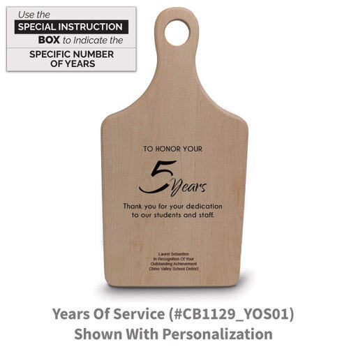 maple paddle cutting board with years of service message