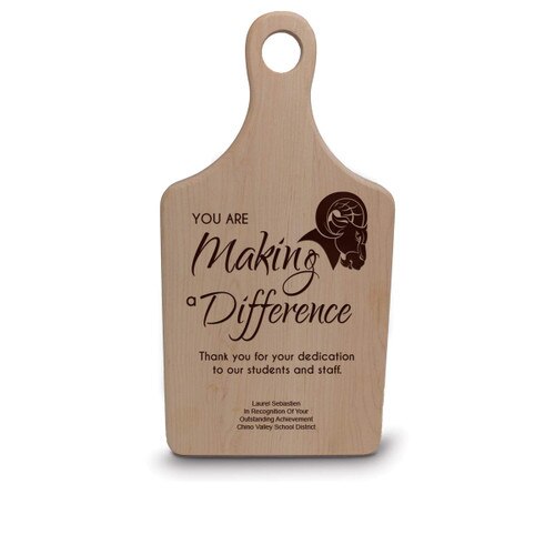 maple paddle cutting board with making a difference message