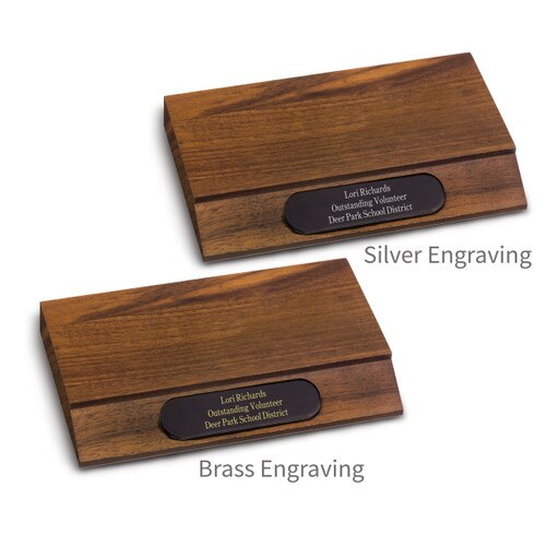 two solid walnut rectangle bases with black plates and personalization