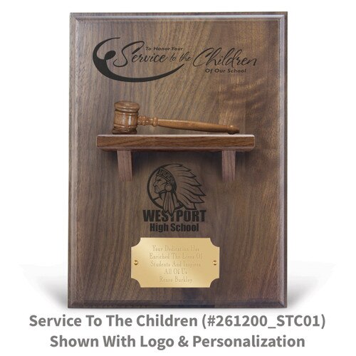 service to the children message on a walnut plaque with a shelf, wooden gavel and personalized brass plate