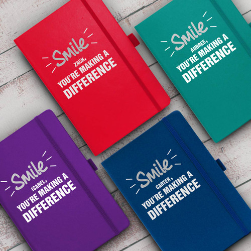 multiple colors of smile you're making a difference journals with personalization