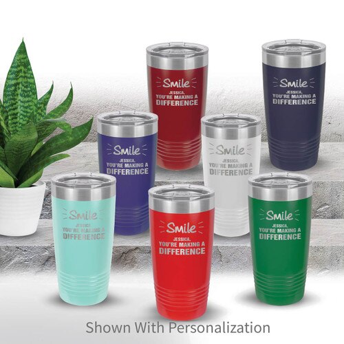 multiple colors of stainless steel tumblers with smile you're making a difference message and personalization