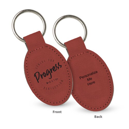 rawhide oval leather keychains with strive for progress message and personalize me on the back