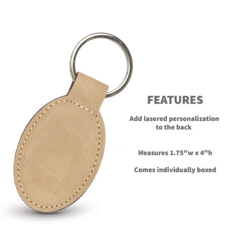 light brown oval leather keychain with product features