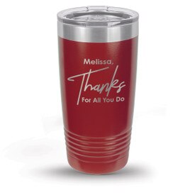 red stainless steel tumbler with thanks message and personalization