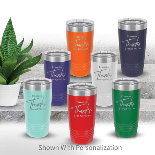 multiple colors of stainless steel tumblers with thanks message and personalization
