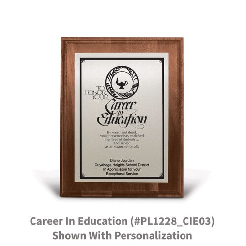7x9 walnut plaque with brushed silver plate featuring career in education message