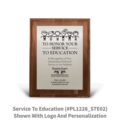 7x9 walnut plaque with brushed silver plate featuring service to education message